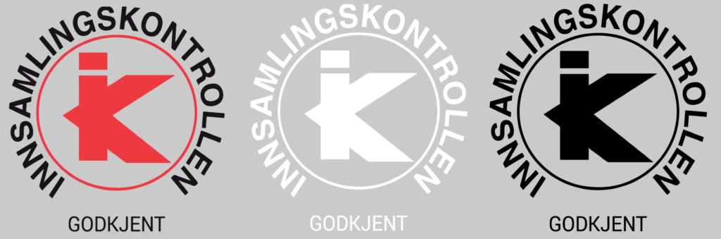 Varianter av Innsamlingskontrollens godkjent-stempel, henholdsvis rød med svart tekst, helhvit og helsvart.